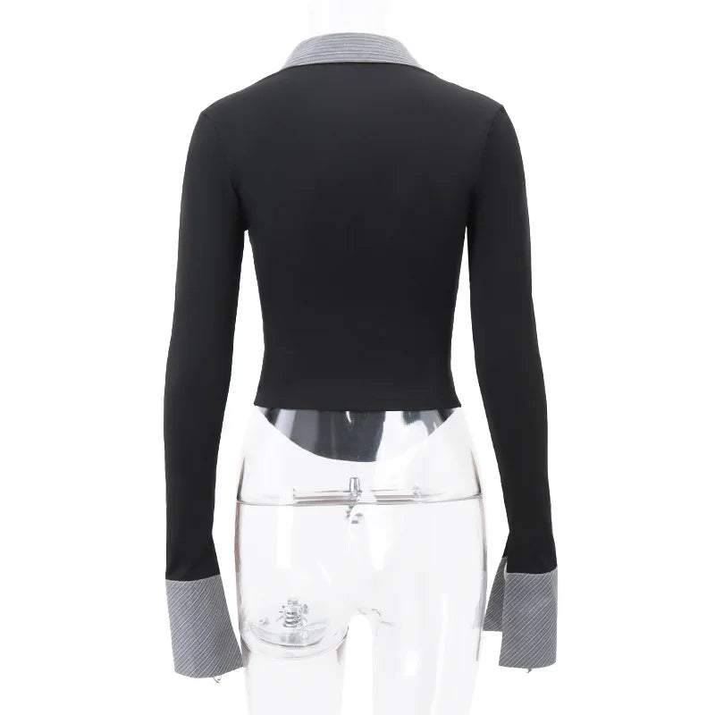 New Women Striped POLO Collar Retro Sexy Spicy Girl Long Sleeved Top