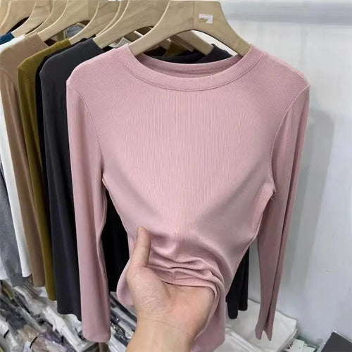 Autumn Office Lady Basic O-Neck Slim T-Shirt Women Solid Multi Color
