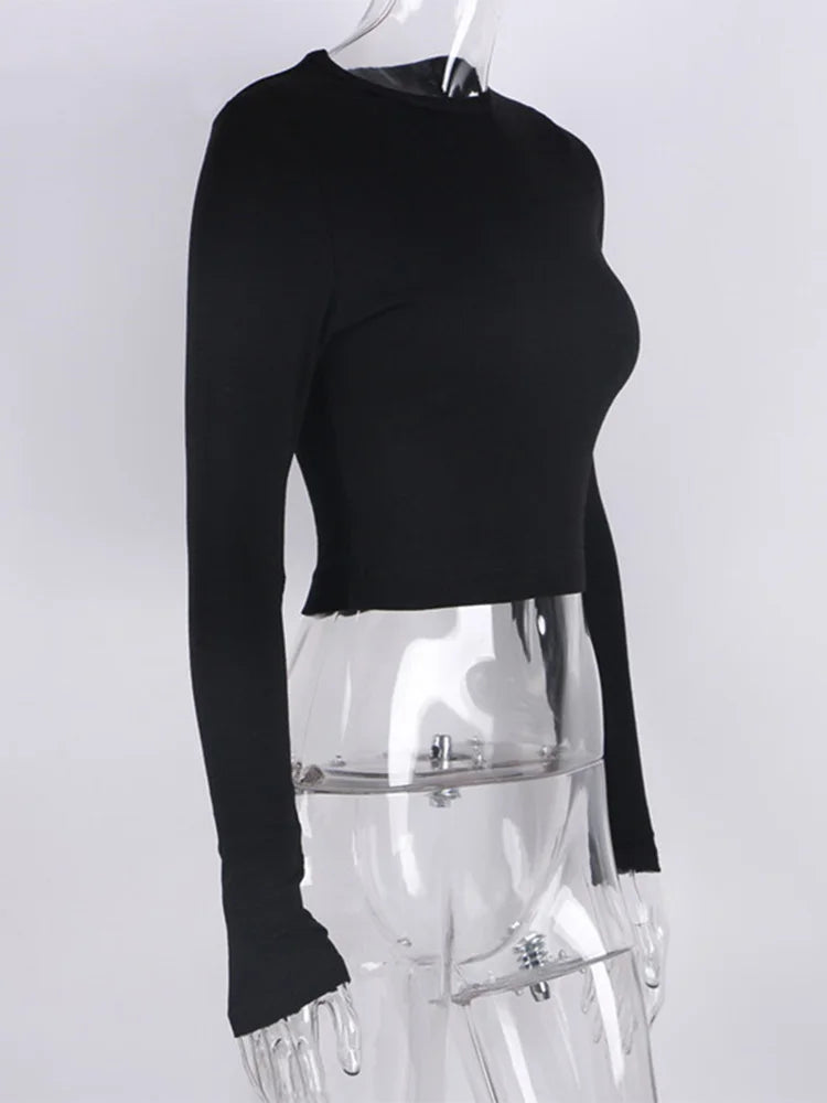 O Neck Long Sleeve Shirt Women Ribbed Sexy Cropped Tops 2022 Spring