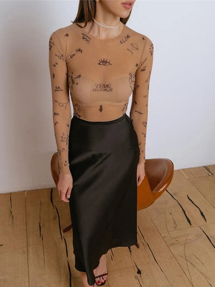 Sexy tight-fitting one-piece Top Women Long-Sleeved Bodysuits O-Neck