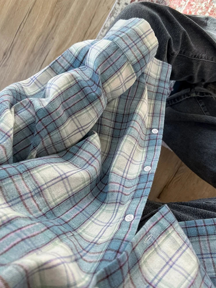 Mumaroho 2024 Women Autumn Winter Long Sleeve Blue Plaid Shirt Vintage