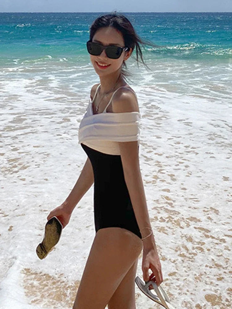 Black White Off The Shoulder Swimwear Women 2024 Sexy Short Sleeve One