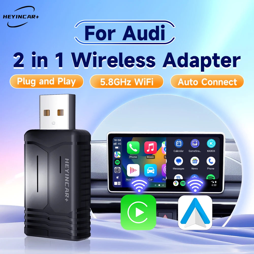 2024 New HEYINCAR 2in1 Wireless Android Auto Adapter Carplay For Audi