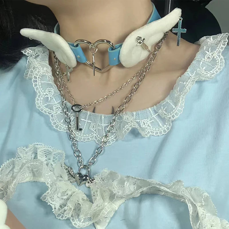 Grunge Jewelry Pink Wings Cross Choker Cosplay Sexy Accessory Harajuku