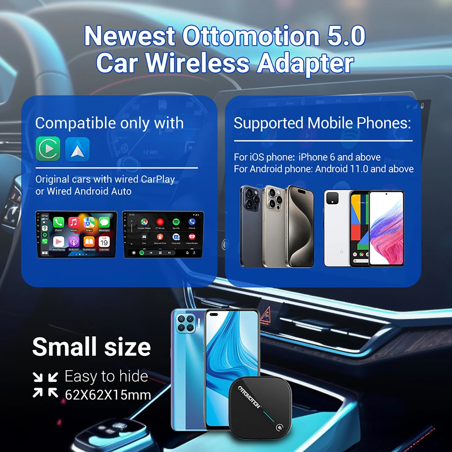 OTTOMOTION 5.0 Wireless CarPlay Android Auto Adapter Wireless Box for