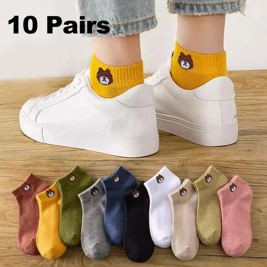 10 Pairs Women Low Socks Set With Cute Bear Pattern Fashionable Women