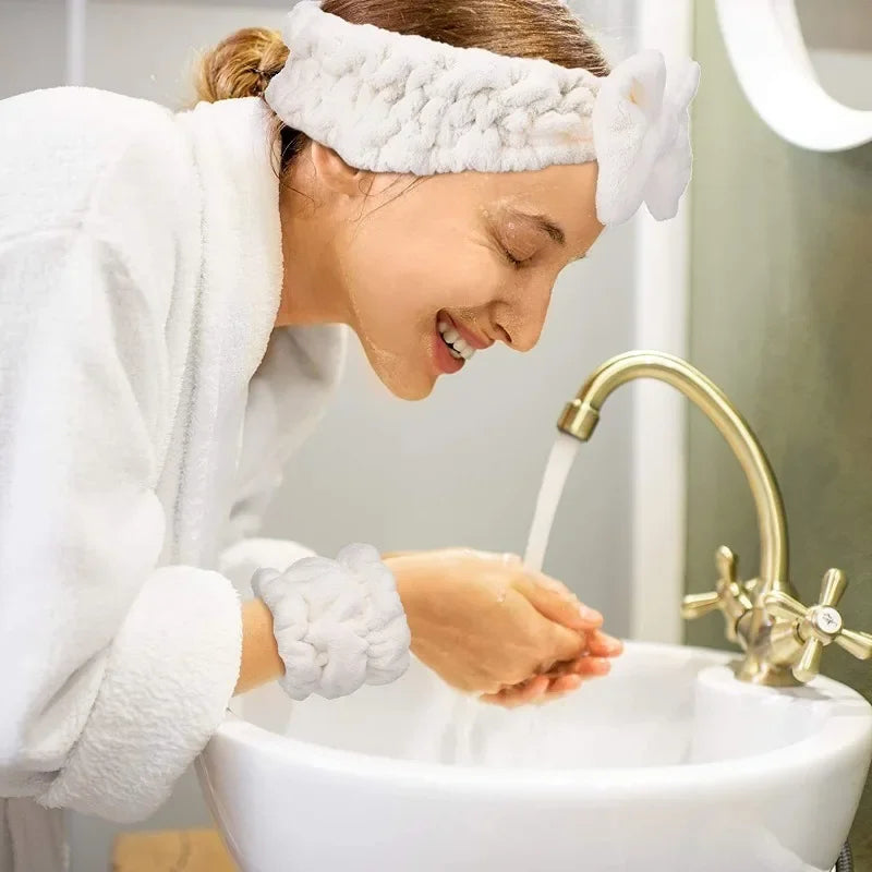 3Pcs Bow Headband Wristband Set Towel Elastic Soft Washing Face Shower