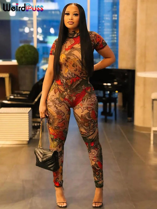 Weird Puss See Through Jumpsuit Women Backless Dragon Print Short