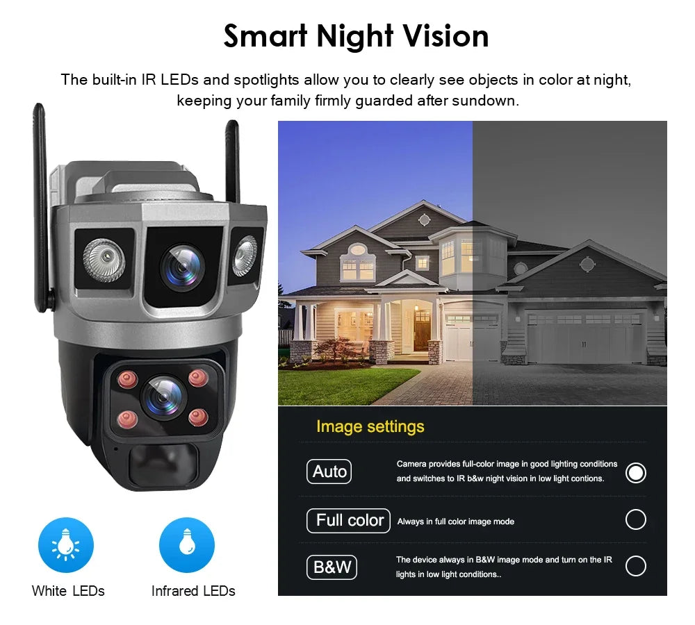 V380 Pro 12MP  Solar WIFI IP Camera CCTV Two Lens Three Screen Auto