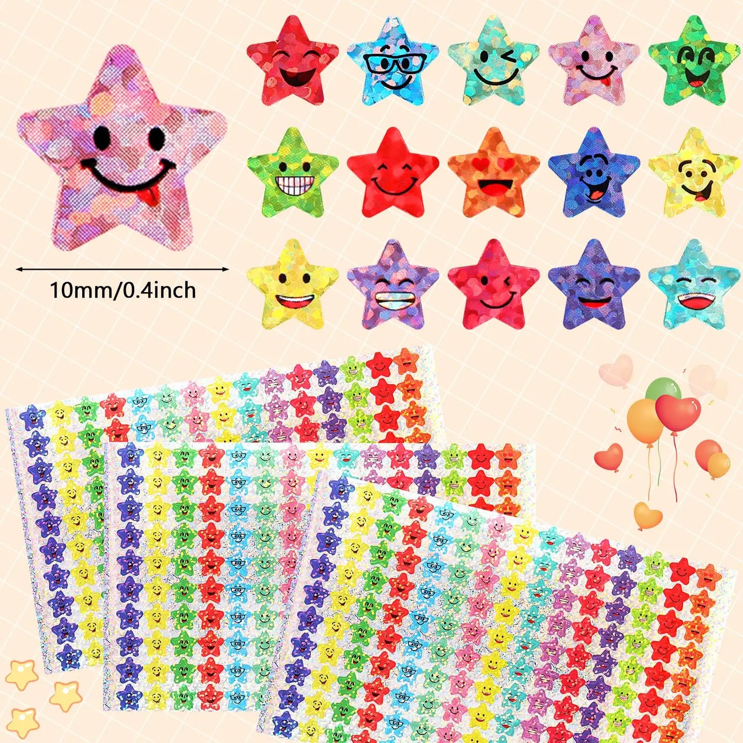 1500 Pcs Glitter Foil Small Star Stickers,15 Designs Happy Face