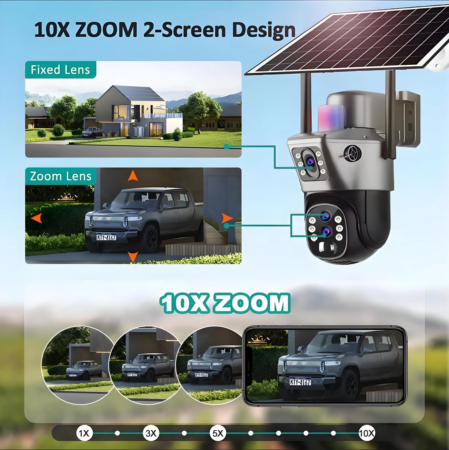 10x Zoom 4G SIM Solar Camera Outdoor 6K 12MP Three Lens HD Night