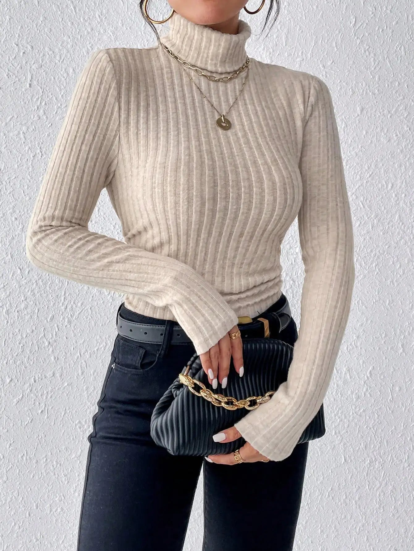 Autumn and Winter Sexy Texture Pit Stripe Slim Knit Long Sleeve