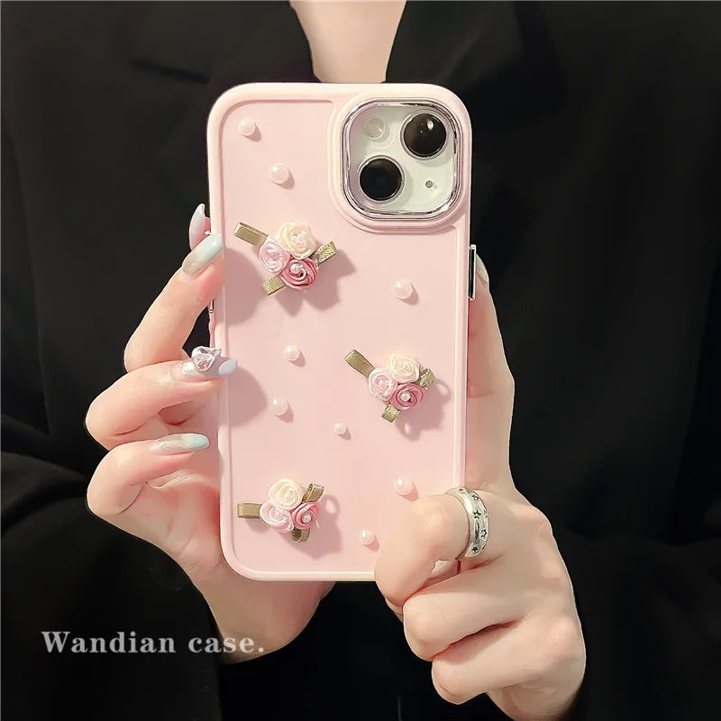 3D Cute Flower Pearl Heart Phone Case for iPhone 16 15 14 13 12 11 Pro