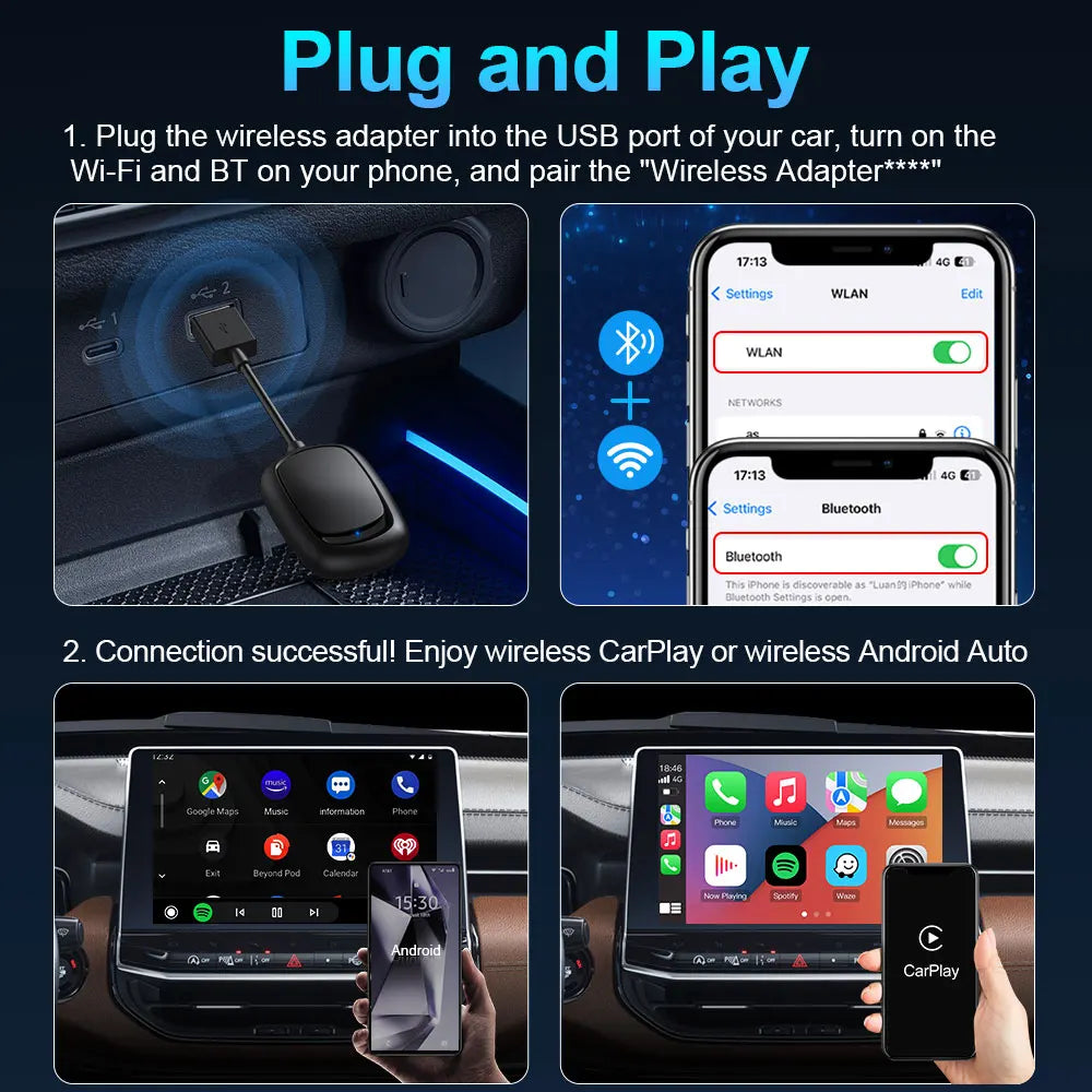 TIMEKNOW 2 in 1 Wireless CarPlay Android Auto Adapter Apple Car play