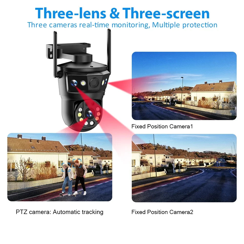6K 12MP WIFI Camera Triple Lens Triple Screen Outdoor 10x Zoom PTZ
