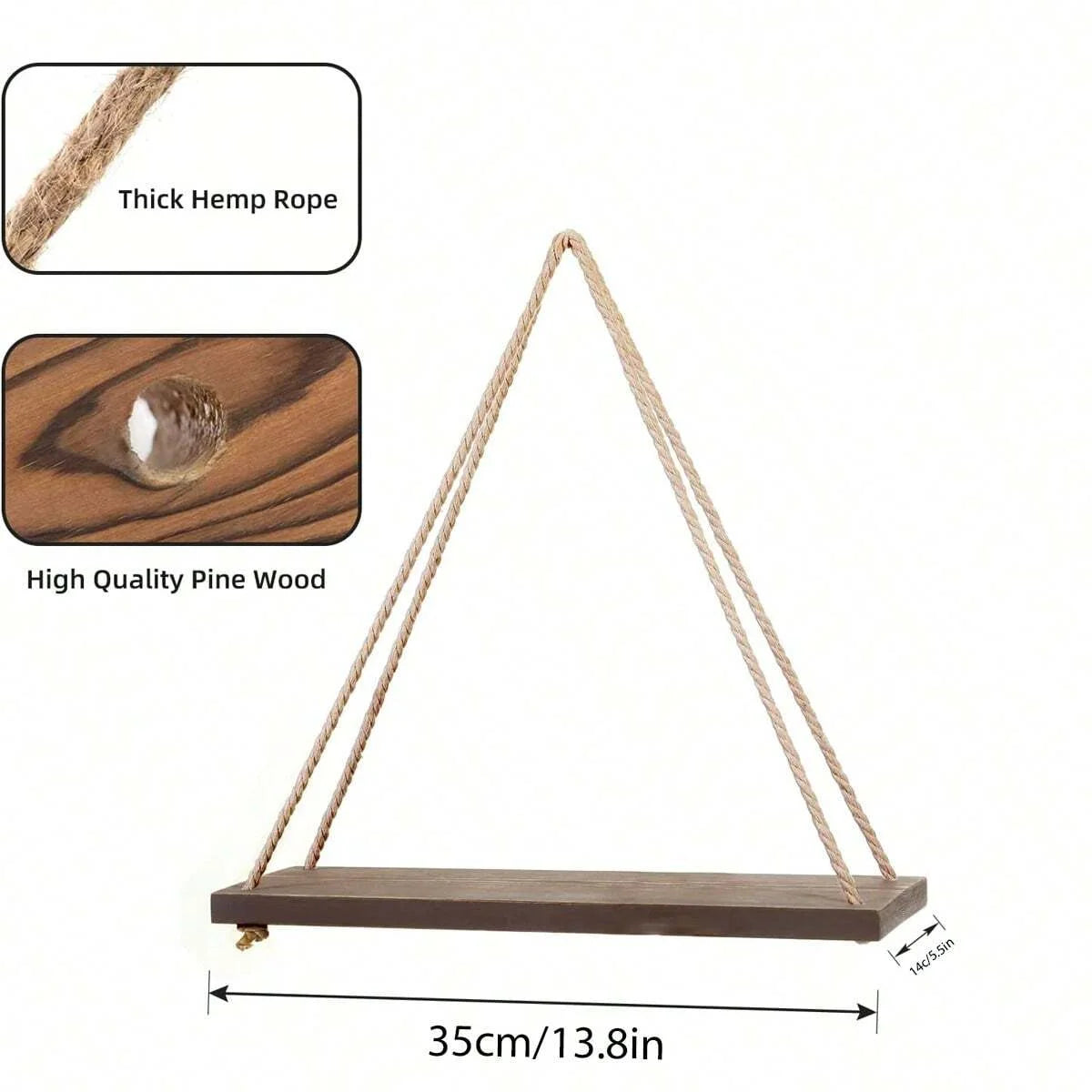1PC Wooden Swing Hanging Hemp Rope Wall Shelve Mounted Floating Home