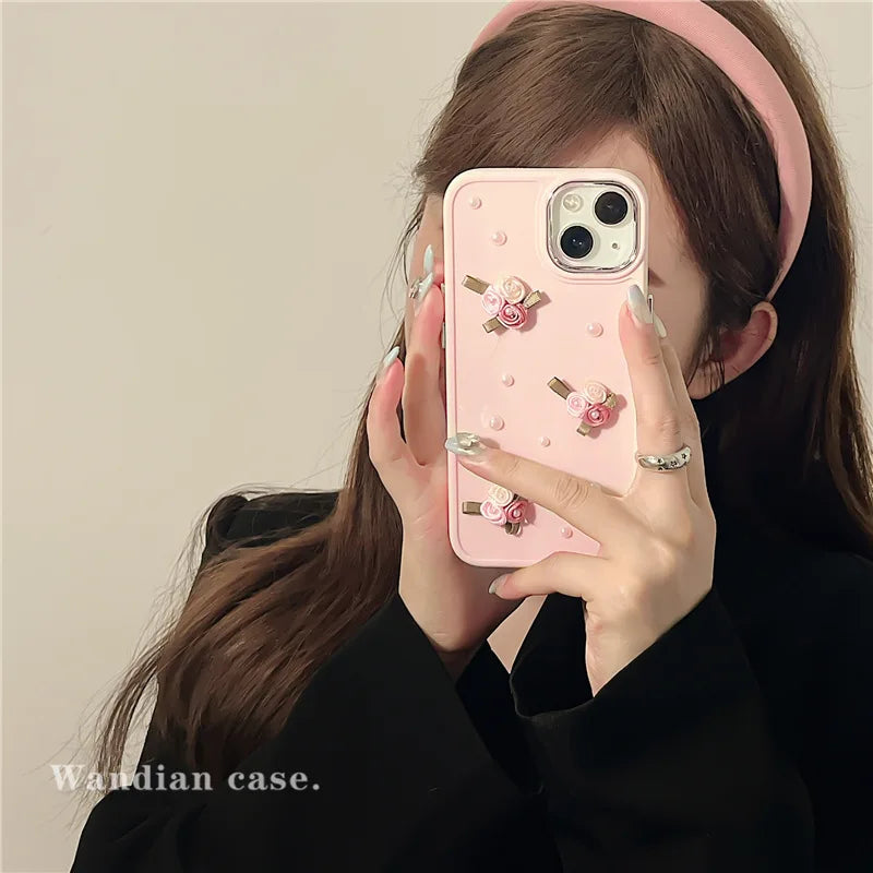 3D Cute Flower Pearl Heart Phone Case for iPhone 16 15 14 13 12 11 Pro