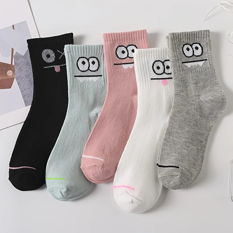 5 Pairs Women's Cute Expression Printed Ankle Socks Comfort