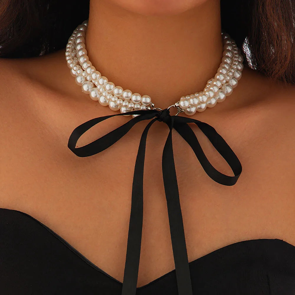Elegant Imitation White Pearl Multi-layer Long Black Ribbon Choker
