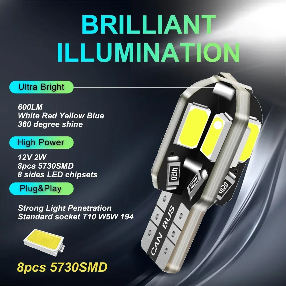 10/20PCS W5W T10 LED Bulbs Canbus 5730 8SMD 12V 6000K 194 168 LED Car
