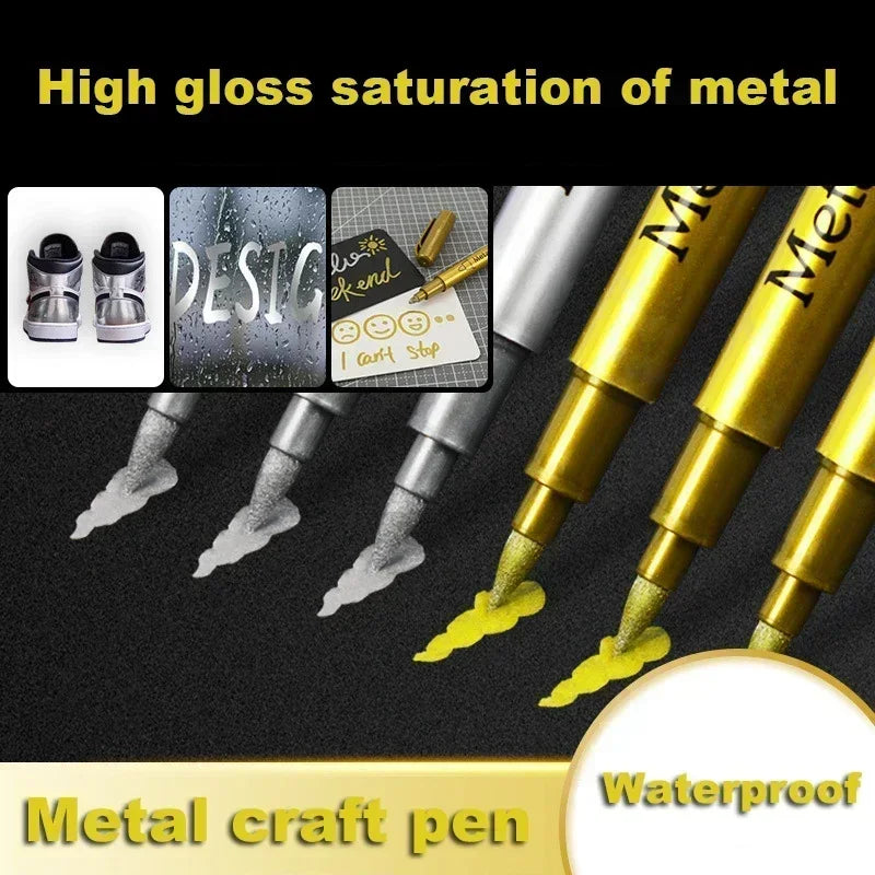 6Pcs Brush Metallic Paint Marker Pens Gold Silver Color Permanent Art