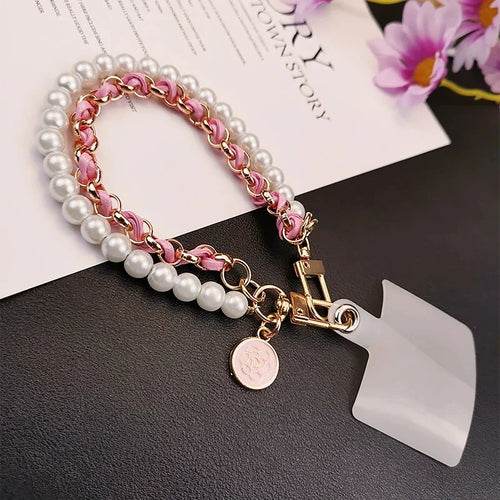 26cm Leather Pearl Camellia Mobile Phone Charm Bracelet Chain