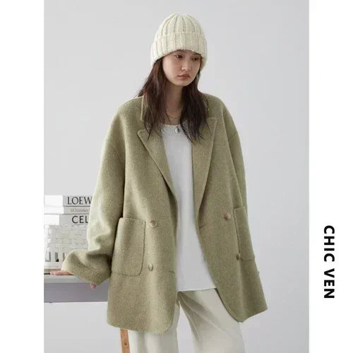 CHIC VEN Women's Woolen Coats Loose Casual Double Breasted Retro