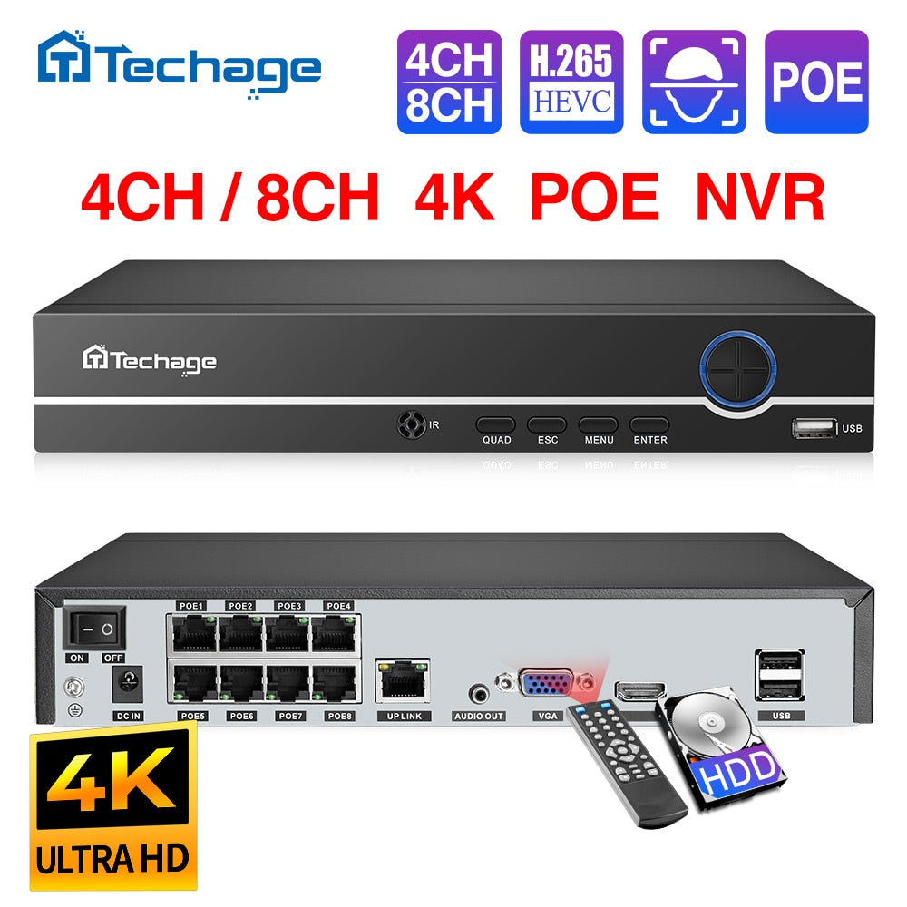 Techage H.265 8ch 4mp 5mp 1080p 4k Poe Nvr Audio Out Security