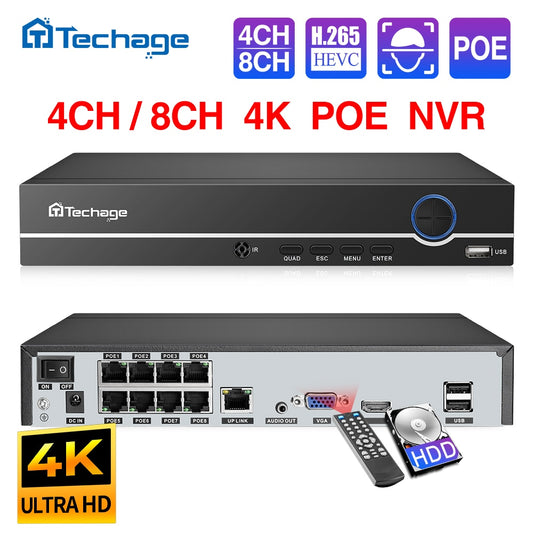 Techage H.265 8ch 4mp 5mp 1080p 4k Poe Nvr Audio Out Security